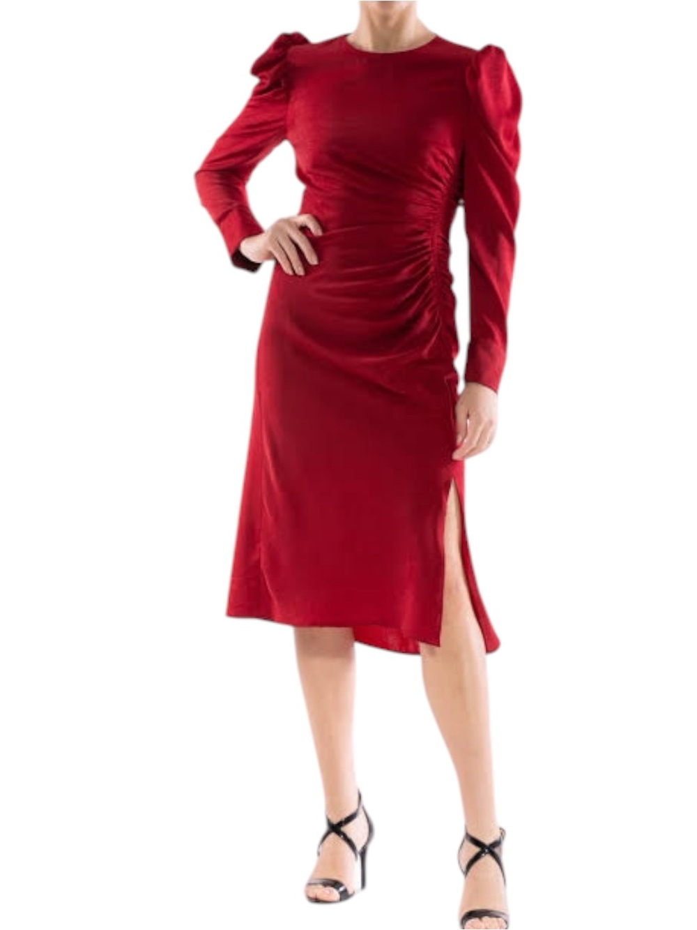 Julia Jordan Rich Red Long Puff Sleeve Ruched Side Slit MIDI Dress NWT Sz 12